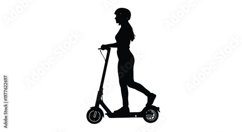 A woman rides an electric scooter depicted in stark black silhouette