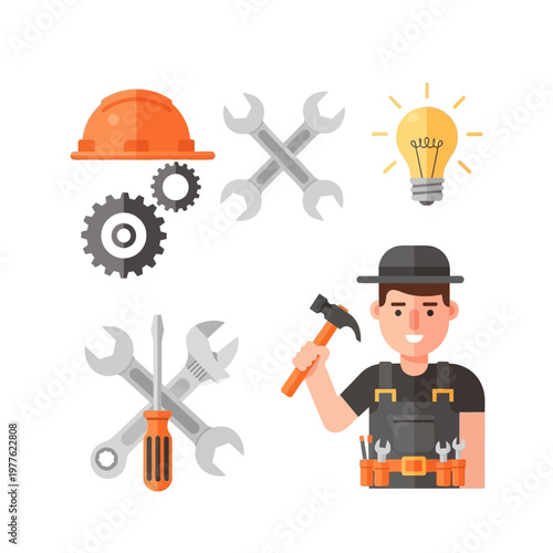A worker holding a hammer standing next to various tools and a light bulb.
