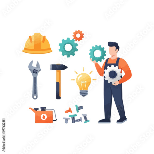 A worker holds a gear near various industrial tools and icons.