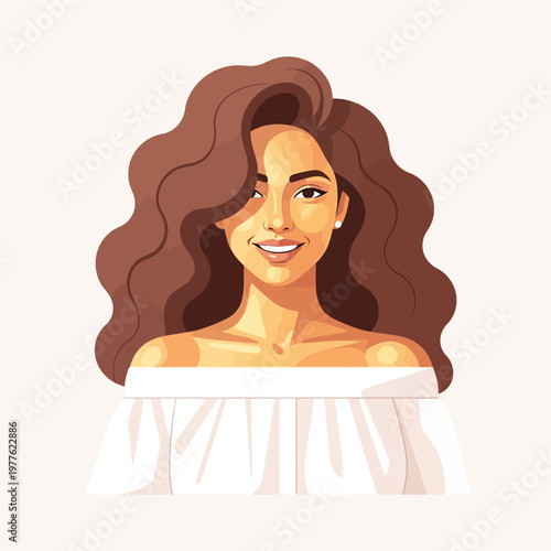 Portrait of a smiling young woman with wavy brown hair wearing off shoulder top