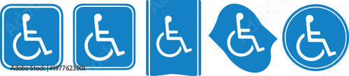 Collection of five blue and white international accessibility symbol signs for disabled individuals