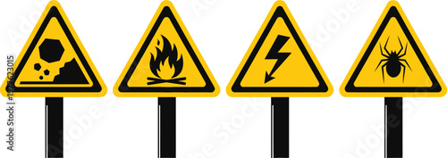 Four yellow warning signs illustrating potential hazards falling rocks fire electricity and spider