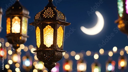 Ramadan Kareem celebration with illuminated lanterns and crescent moon at night.