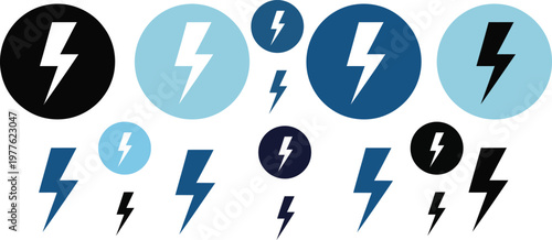 A collection of stylized lightning bolt icons in varying shades of blue and black creating a dynamic visual