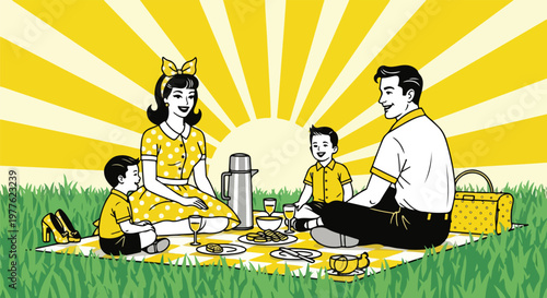 Retro 1950s style family picnic vector, vintage mid-century illustration of happy family eating outdoors, nostalgic summer outing on grass