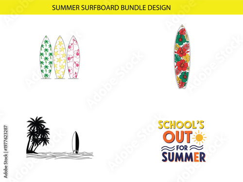 A vibrant summer design featuring colorful surfboards a palm tree and text reading school s out for summer