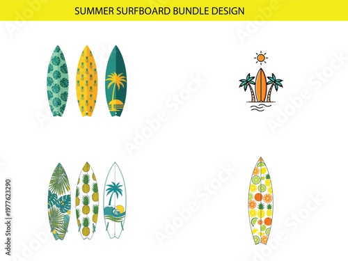 A collection of brightly colored surfboard designs featuring tropical patterns palm trees and sunny imagery