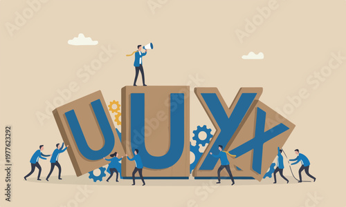 Experience figurines of the illustration is modern, flat design with clean lines and minimal shading help building and moving wooden stamp with alphabet to combine the word U and X