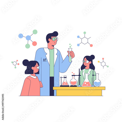 A scientist in a lab coat explains a chemical experiment to two students with beakers and molecules.