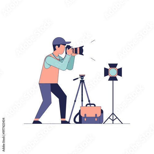 A photographer takes a picture with a camera and tripod setup in a studio