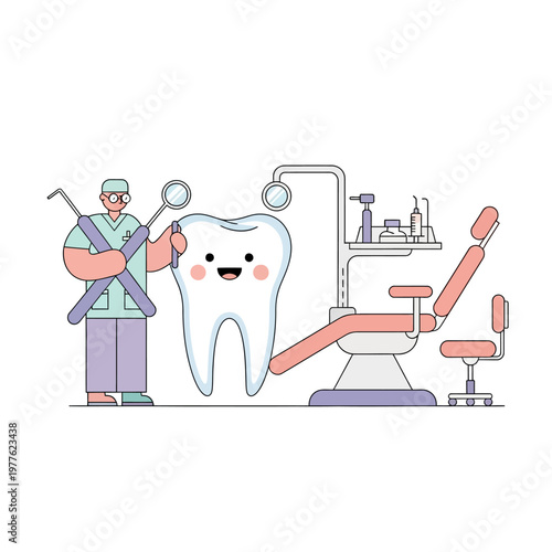 A dentist examines a happy tooth with tools in a clinic chair