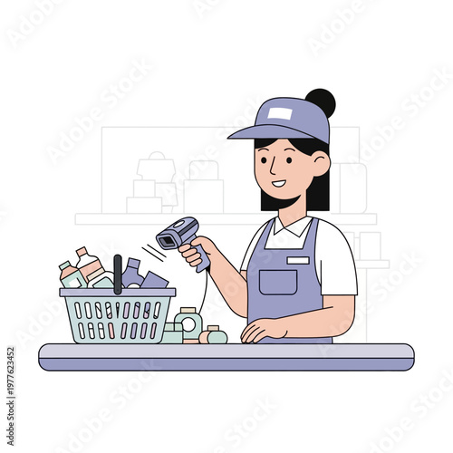 Woman scans groceries at checkout counter with basket and scanner in store