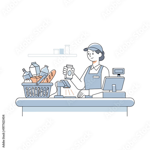 Woman scans groceries at checkout counter with basket and food items on conveyor belt