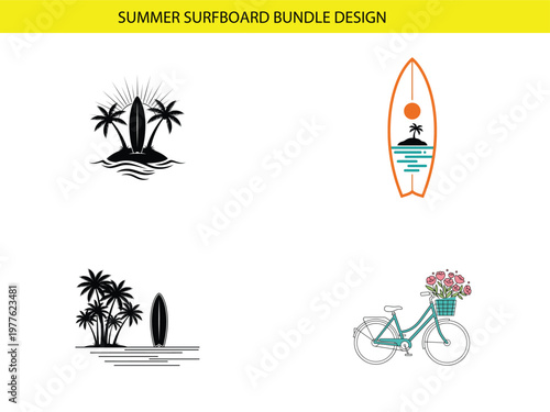 A summer themed design bundle featuring surfboards palm trees a bicycle and floral arrangements high quality