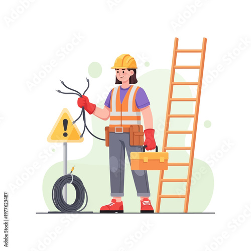 A worker in a hard hat holds electrical wires by a warning sign and ladder on a construction site with a tire and tool belt.