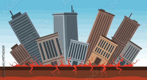 City buildings tilt and crack from earthquake damage below ground.