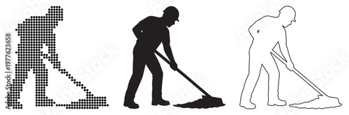 Worker Silhouette Mops Floor with Handle and Mop Head