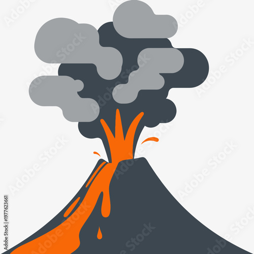 Stylized volcano erupting with lava and smoke against white background.