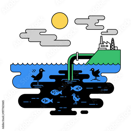 Factory pipe pollutes water with oil affecting wildlife.