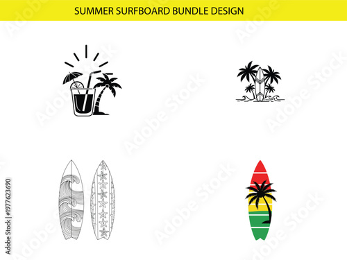 A collection of summer themed illustrations featuring surfboards palm trees drinks and sunshine high quality professional