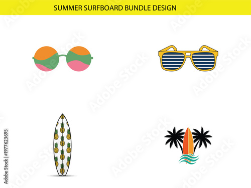 A vibrant summer collection featuring sunglasses a surfboard palm trees and tropical fruit designs high quality