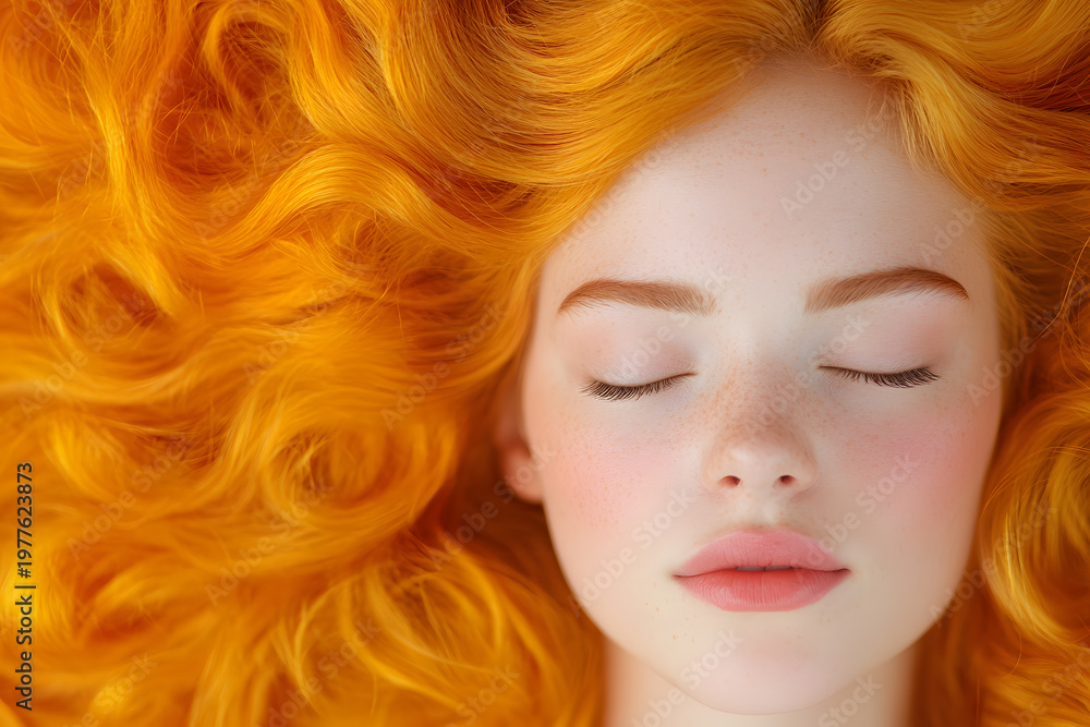 Naklejka premium Beauty portrait woman with vibrant orange hair, Closed Eyes Face, Smooth Skin Glow, Soft Lighting Close Up, Feminine Aesthetic, Voluminous Hair Texture, Dreamy Makeup Look