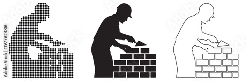 Bricklayer silhouette building wall, pixelated and outline styles