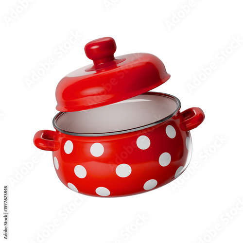 Red cooking pot with polka dot pattern. Open lid. Isolated on transparent background 3d render 