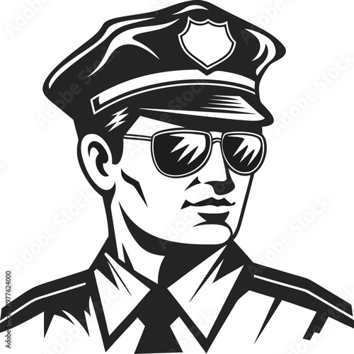 Stylized Male Police Officer in Full Uniform Wearing Sunglasses and Official Cap with Badge