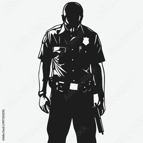 Focused law enforcement officer in a short sleeve uniform standing tall and ready with a handgun