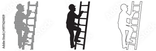Worker climbing ladder with hard hat, silhouette and dot illustration