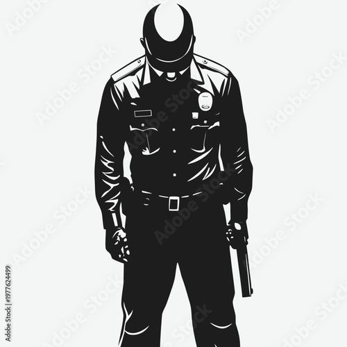 Standing police officer in uniform holding a weapon and a baton with a serious expression