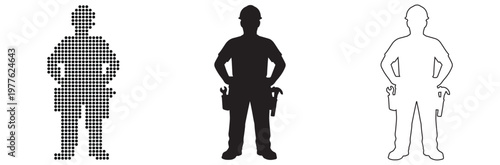 Construction Worker Silhouettes: Pixelated, Solid Black, and Outline Icons