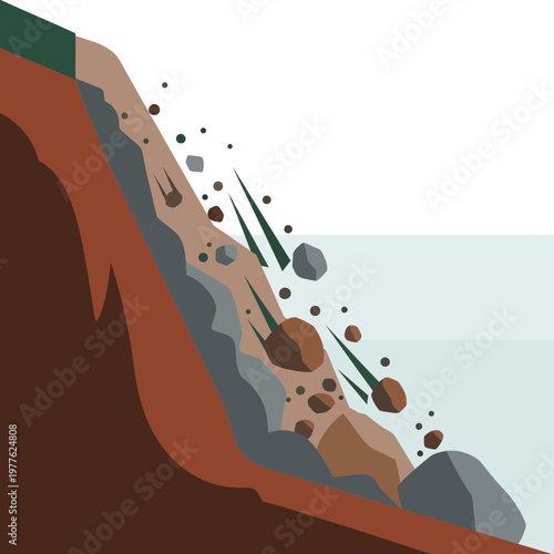 Illustration of a landslide with falling rocks and soil down a slope.