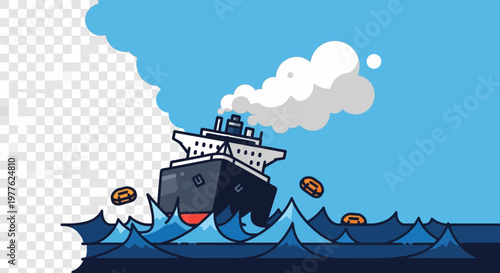 Cartoon ship sailing on blue choppy water with smoke.