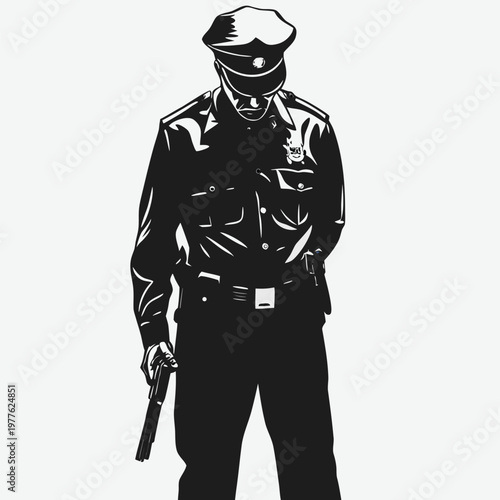 Law enforcement officer standing full body in uniform with two pistols ready for duty and action