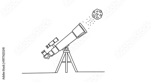 Telescope Observing Asteroid in Space, Astronomy Line Art