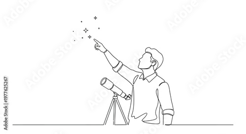 Man pointing at stars with telescope, concept of discovery and dreams