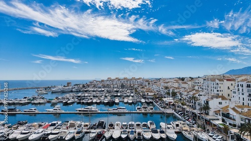 Fotografie Puerto Banús marina aerial view, Marbella coastal harbor and beach, Costa del So
