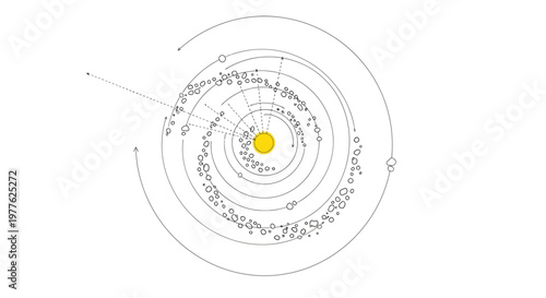 Abstract Solar System Model with Sun and Planets on White Background