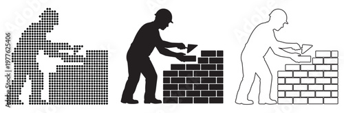 Construction worker building brick wall, silhouette and outline styles