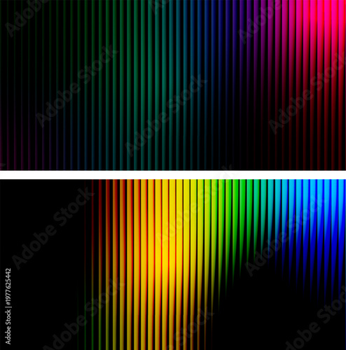 Abstract composition featuring vertical bands of vibrant colors in a dual panel display