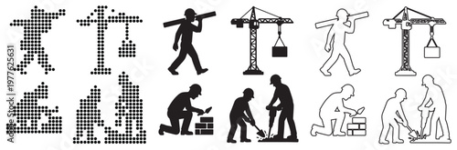 Construction Worker Silhouettes and Crane Icons