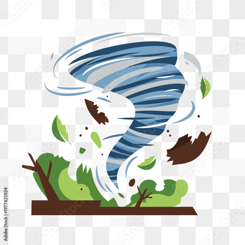A swirling tornado with debris and foliage in a natural setting.