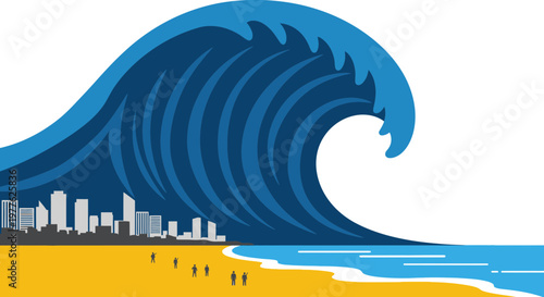 Giant blue wave crashes over a beach and city skyline.