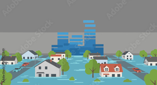 Flooded town with houses buildings and cars under stormy sky