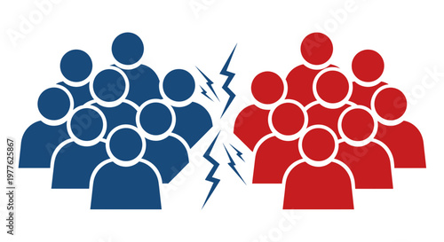 Two opposing groups of stylized people facing each other.