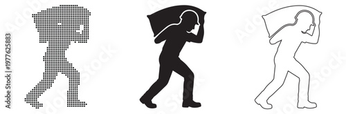 Worker Carrying Load On Shoulder, Dotted and Silhouette Icons