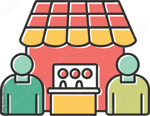 small shop with red roof yellow awning and people interacting symbolizing marketplace commerce and community