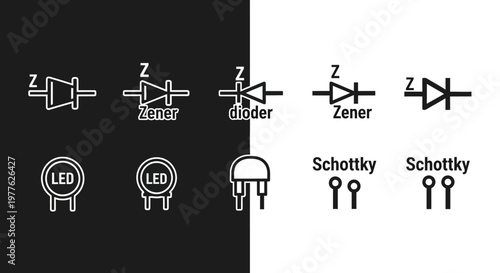 Electronic component symbols for diodes and LEDs.